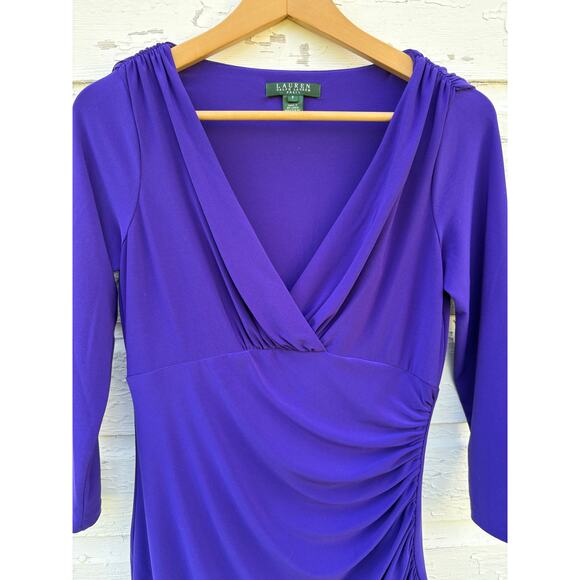 Lauren Ralph Lauren Dress Sz 6 Purple Faux Wrap Ruched Waist Midi Royal V-neck - Picture 4 of 4